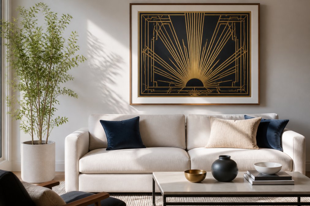 A bright, modern living room with a neutral linen sofa and a large framed art deco print featuring gold geometric sunburst patterns hanging above it, soft natural light casting gentle shadows