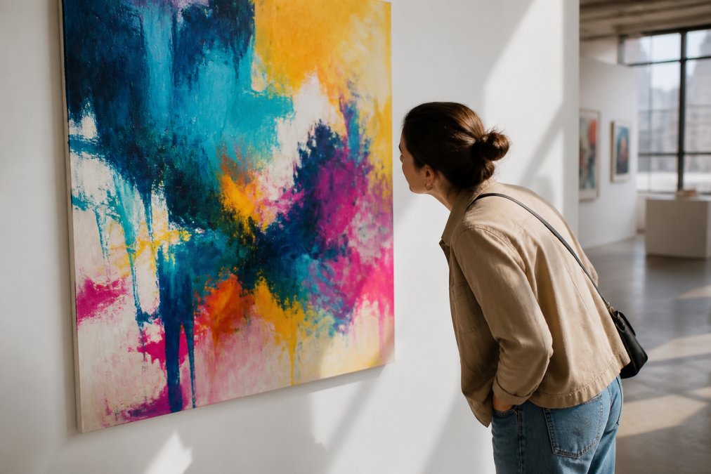 Person standing in front of vibrant abstract artwork displayed on a white gallery wall, natural daylight illuminating the painting, viewer leaning in to examine brushwork and color details