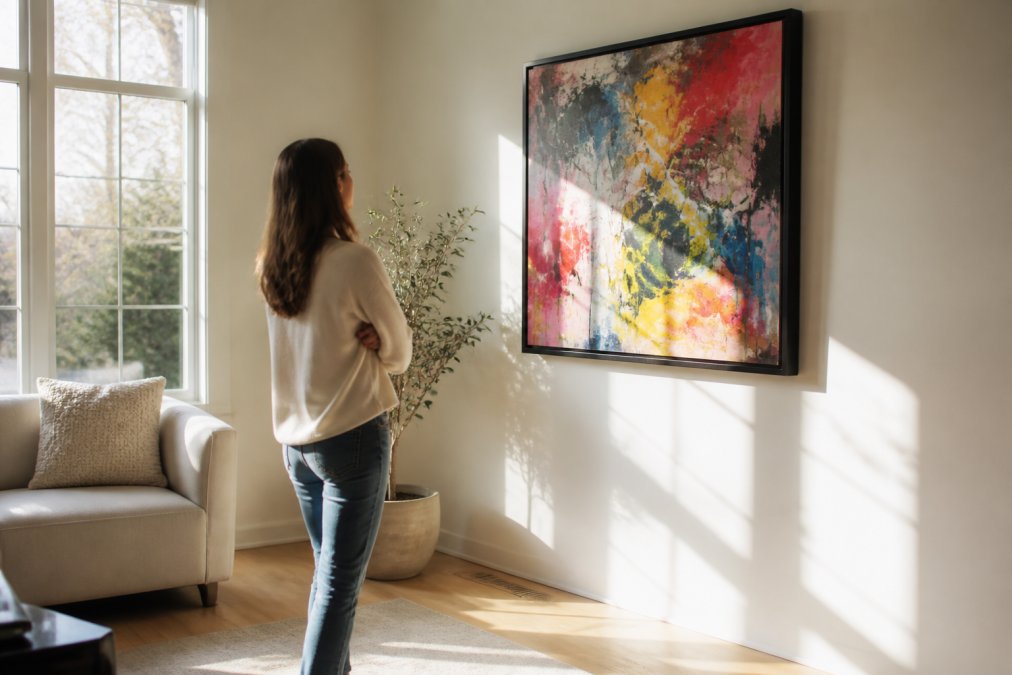 Person examining framed abstract painting on home wall in natural daylight, stepping back to view the piece from different angles and distances, natural light streaming through window highlighting the artwork