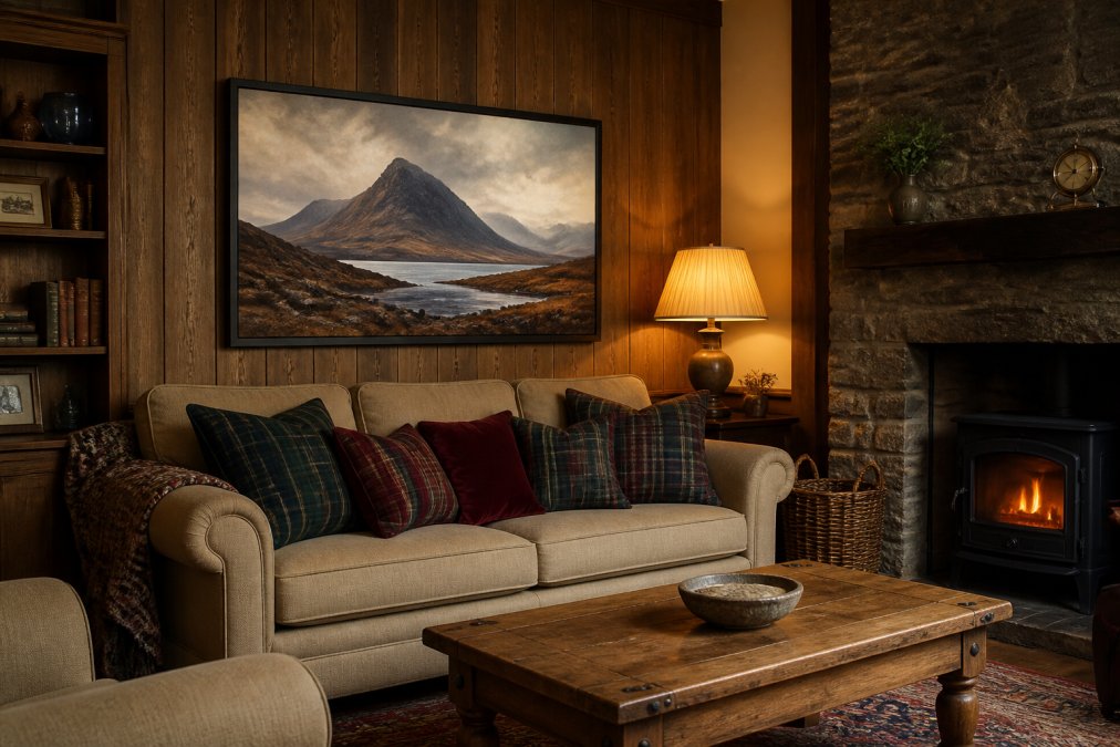 Cozy living room with rustic Scottish decor featuring a large landscape painting above a traditional sofa, tartan throw pillows, wooden wall panelling, warm amber table lamp beside the artwork, and a stone fireplace