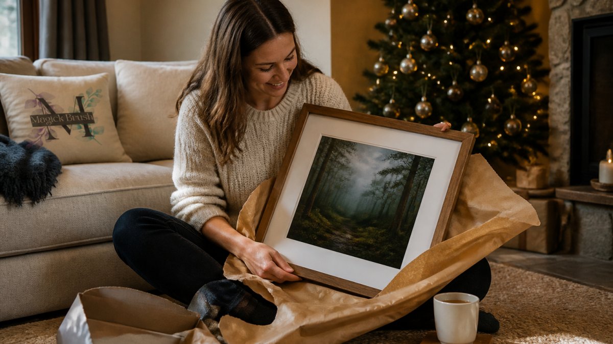 A person unwrapping a framed nature photograph in a softly lit living room, with a Christmas tree glowing in the background and a cup of tea nearby