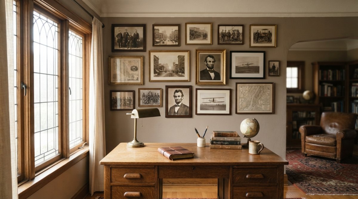 A home office or study decorated with sepia-tone historical photographs and period-accurate prints arranged above a wooden desk, with natural light streaming through a nearby window illuminating the gallery wall