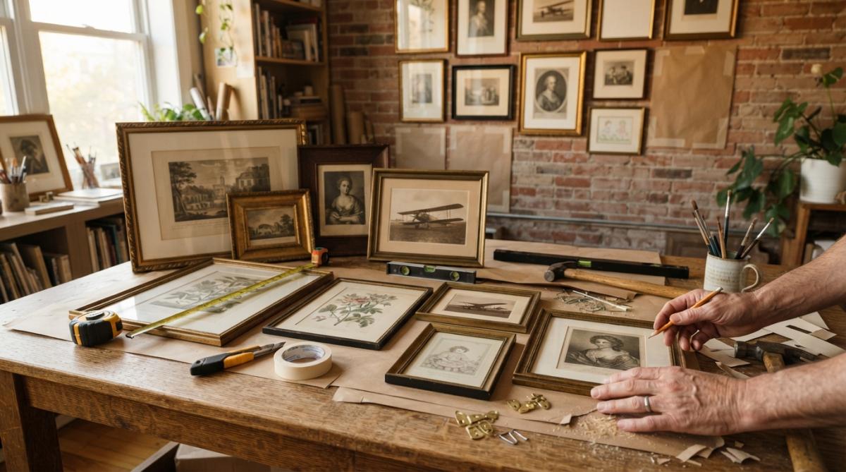 A living room wall displaying a carefully arranged gallery wall of framed historical prints, vintage photographs, and period-accurate artwork in varying frame sizes and finishes, with warm golden hour lighting highlighting the composition and creating depth