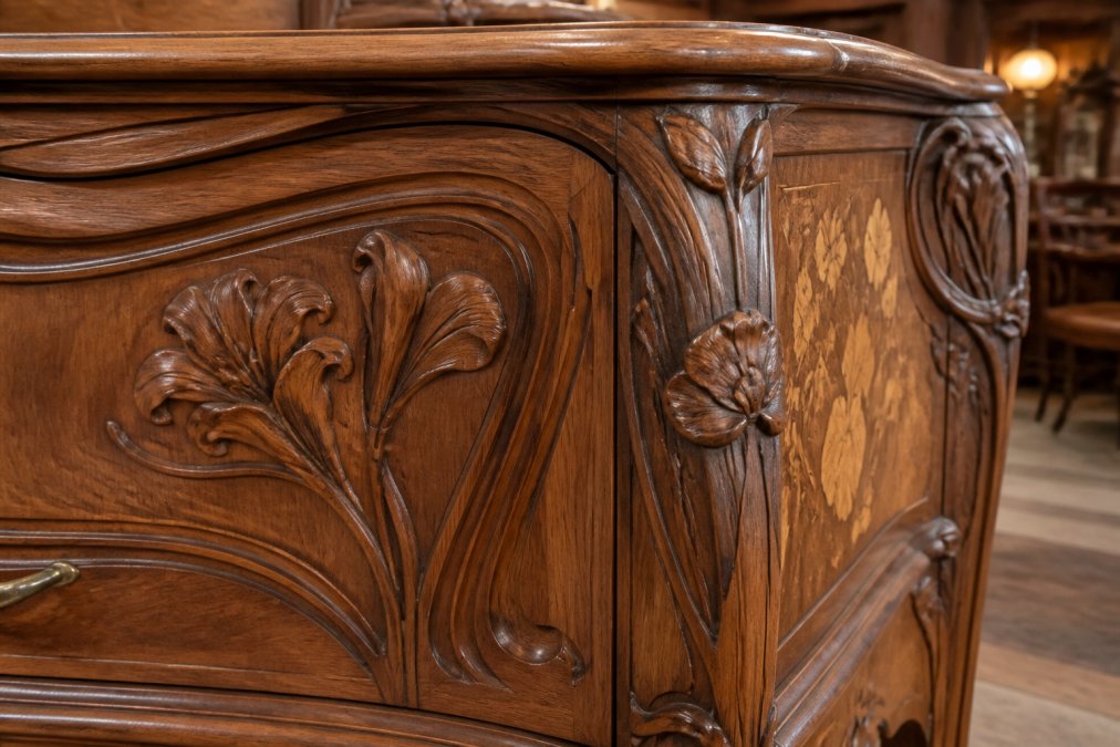 Nahaufnahme einer kunstvoll geschnitzten Holzoberfläche mit geschwungenen Art-Nouveau-Mustern, floralen Intarsien und natürlicher Holzmaserung unter warmer Beleuchtung