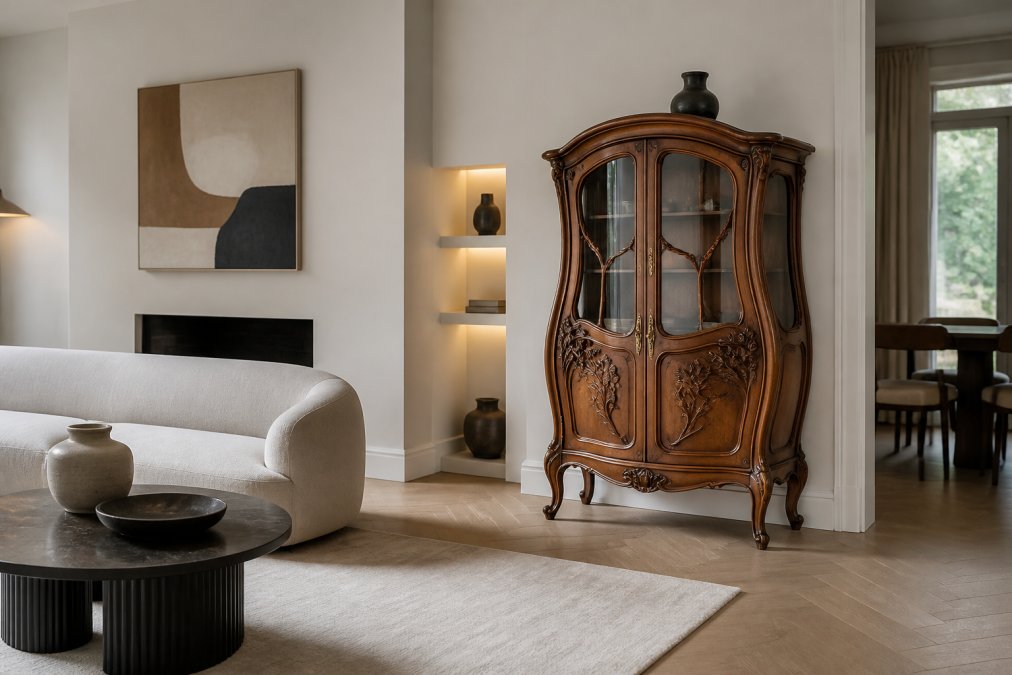 Elegantes modernes Wohnzimmer mit minimalistischer Einrichtung, in dem ein einzelnes kunstvoll geschnitztes Art-Nouveau-Möbelstück als Blickfang platziert ist, mit neutralen Wandfarben und zeitgenössischen Beleuchtungselementen
