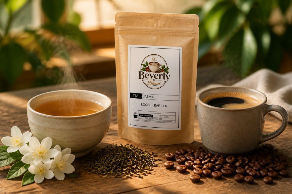 Steaming ceramic cup of artisan tea with visible jasmine blossoms beside a fresh cup of coffee with crema, both on a wooden surface with scattered tea leaves and whole coffee beans nearby, warm morning light
