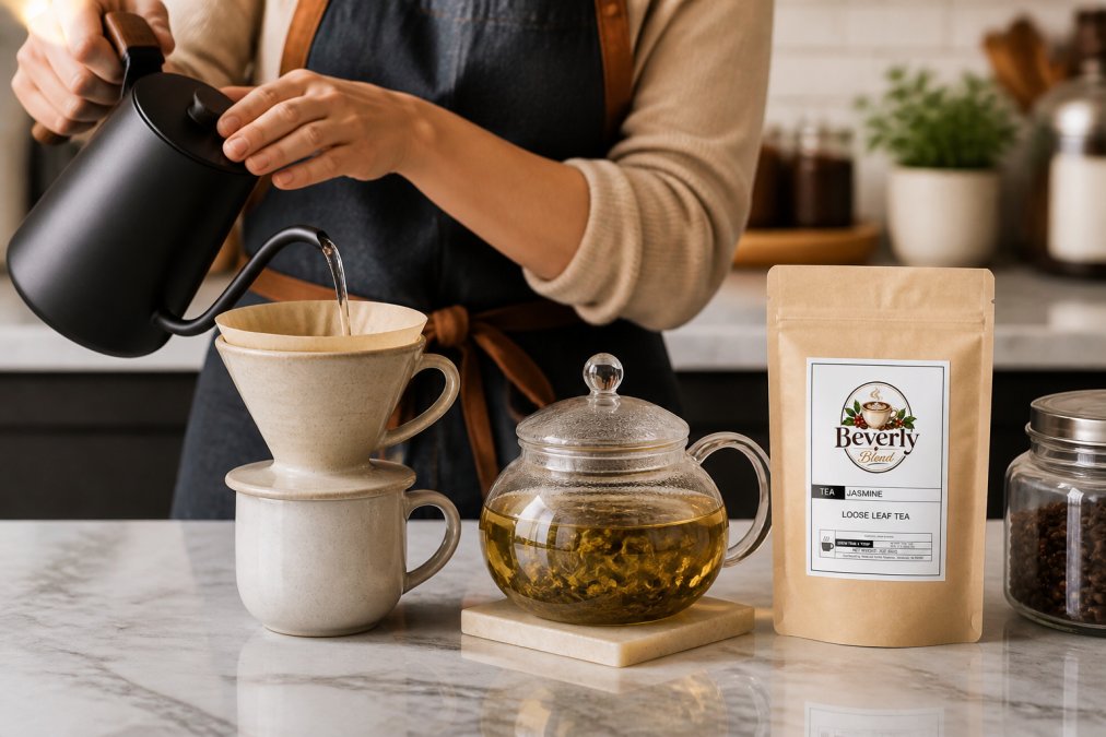 Hands pouring hot water from a gooseneck kettle into a ceramic pour-over cone with fresh coffee grounds, while a traditional glass teapot steeps jasmine tea with visible leaves, showing proper technique and equipment on a marble counter