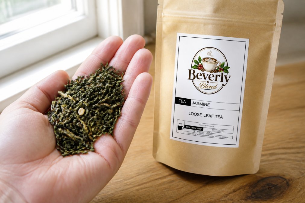 Close-up of premium loose leaf tea being held in an open palm, showing whole leaf pieces with varied colors ranging from deep green to lighter jade, visible leaf structure and texture detail, natural window lighting