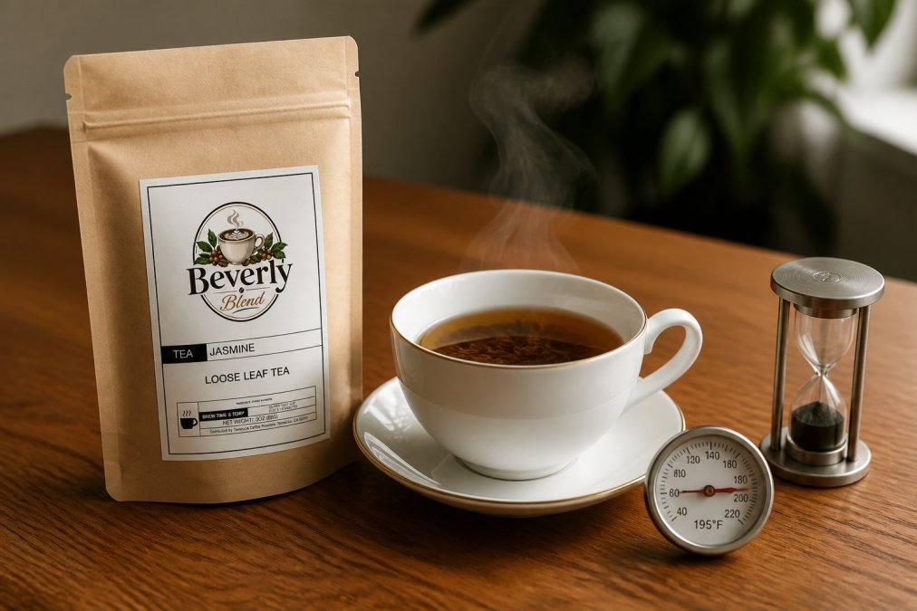 Steaming porcelain teacup with loose leaf tea infusing, showing rich amber liquid with visible leaf fragments, a glass thermometer displaying 195°F and a timer showing 5 minutes on a wooden table beside the cup, natural soft lighting