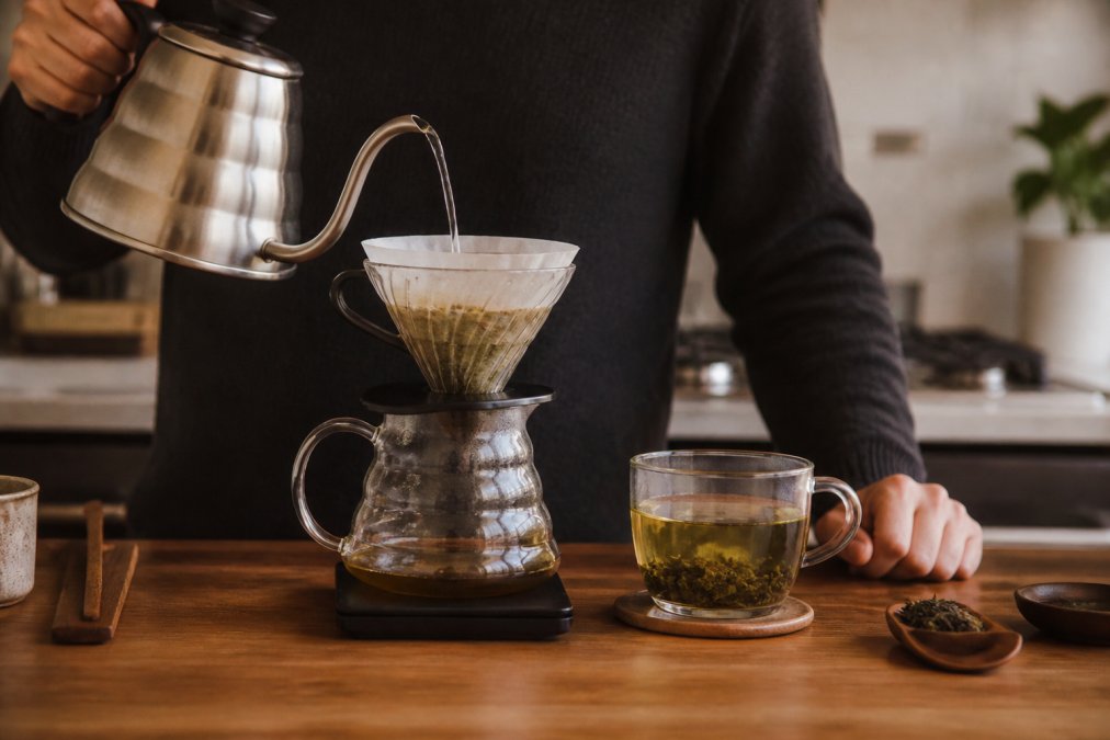 A home brewer pouring hot water from a gooseneck kettle over a glass pourover coffee cone, with a cup of loose leaf tea steeping beside it on a wooden kitchen counter