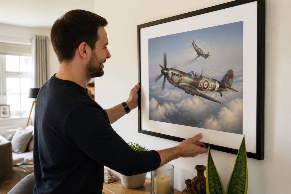 A person's hands holding a framed fine art print of a vintage warbird in flight against a bright modern living room wall with natural window light