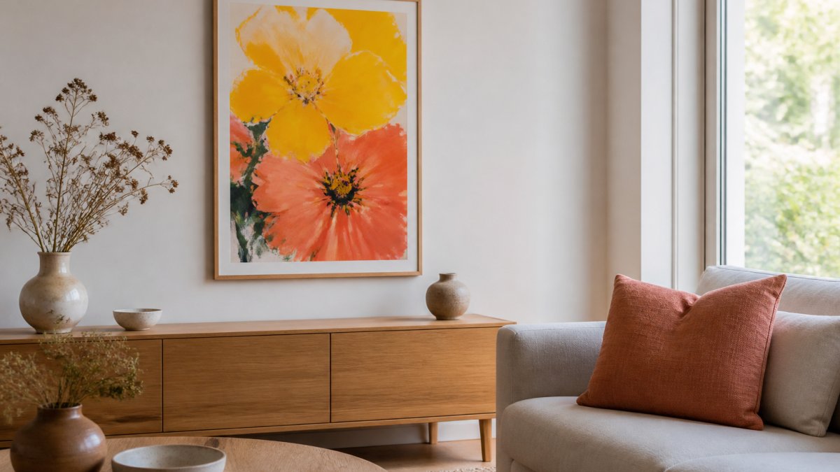 A bright modern living room with a bold yellow and coral abstract floral print framed in oak above a low sideboard, a linen sofa and a ceramic vase of dried stems nearby, soft daylight from a window