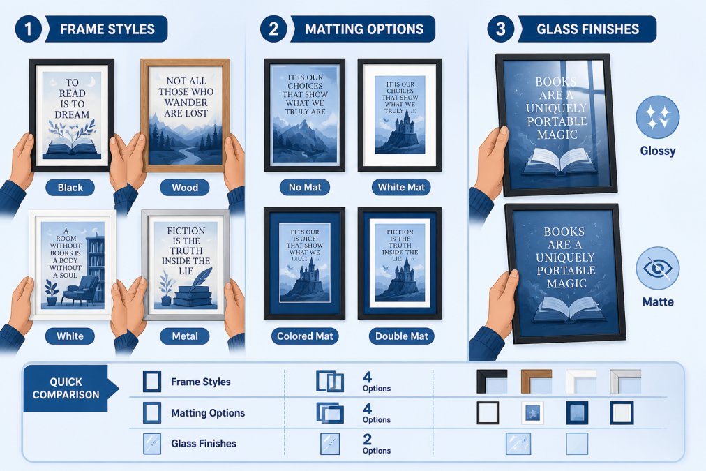 Close-up of hands holding framed literary art prints showing different frame styles, matting options, and glass finishes displayed side by side