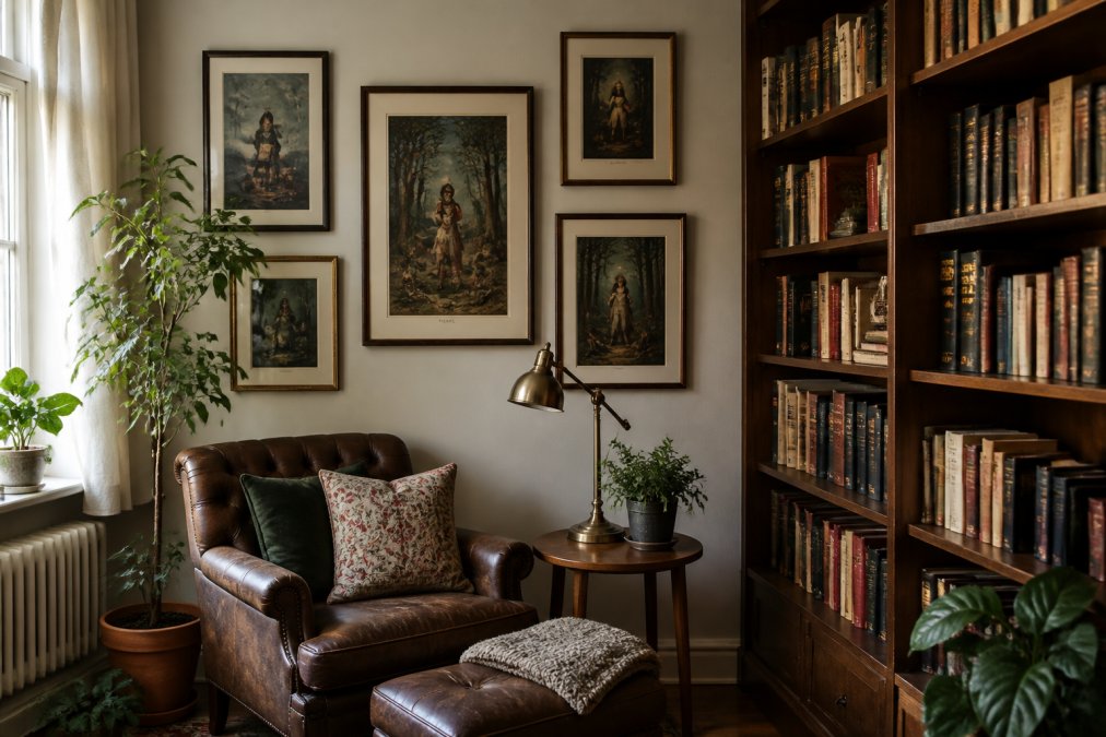 Cozy reading nook with literary art prints on walls, vintage bookshelves, comfortable seating, and warm lighting creating an inviting bookish aesthetic