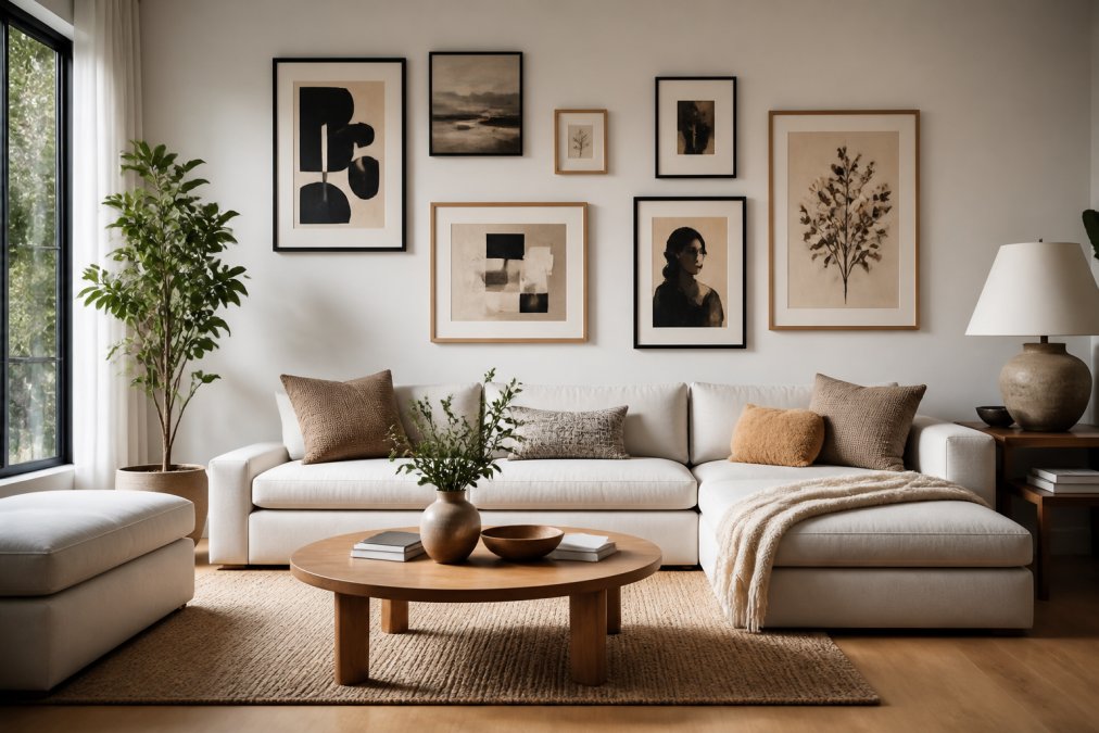 Modern living room with carefully arranged gallery wall featuring multiple art prints in various sizes and frames, showing balanced composition and spatial harmony with neutral furniture and warm lighting