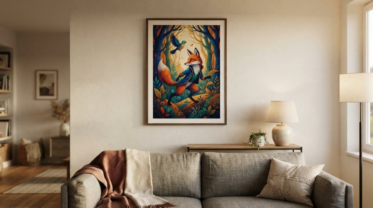 Close-up of vibrant character-inspired art print hung above modern sofa, showing print's color depth and texture detail with warm interior lighting highlighting the artwork