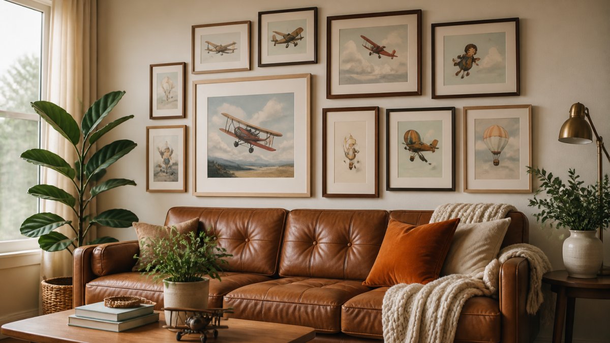 Gallery wall featuring art prints that tell a story arranged above a mid-century sofa in a sunlit living room.