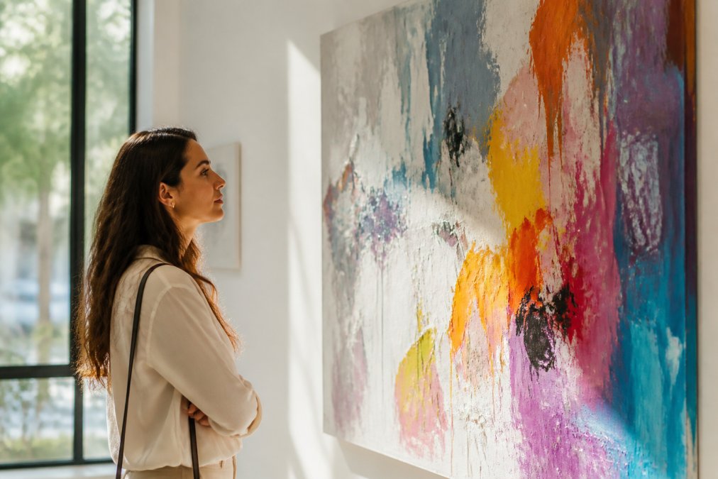 Person admiring an abstract painting on a gallery wall, with natural light illuminating the artwork and their thoughtful expression