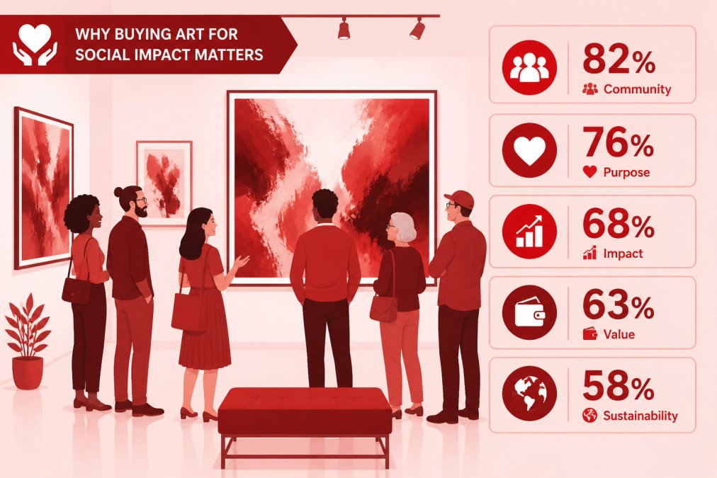 Diverse group of people viewing artwork together in a modern gallery space, showing community engagement and appreciation