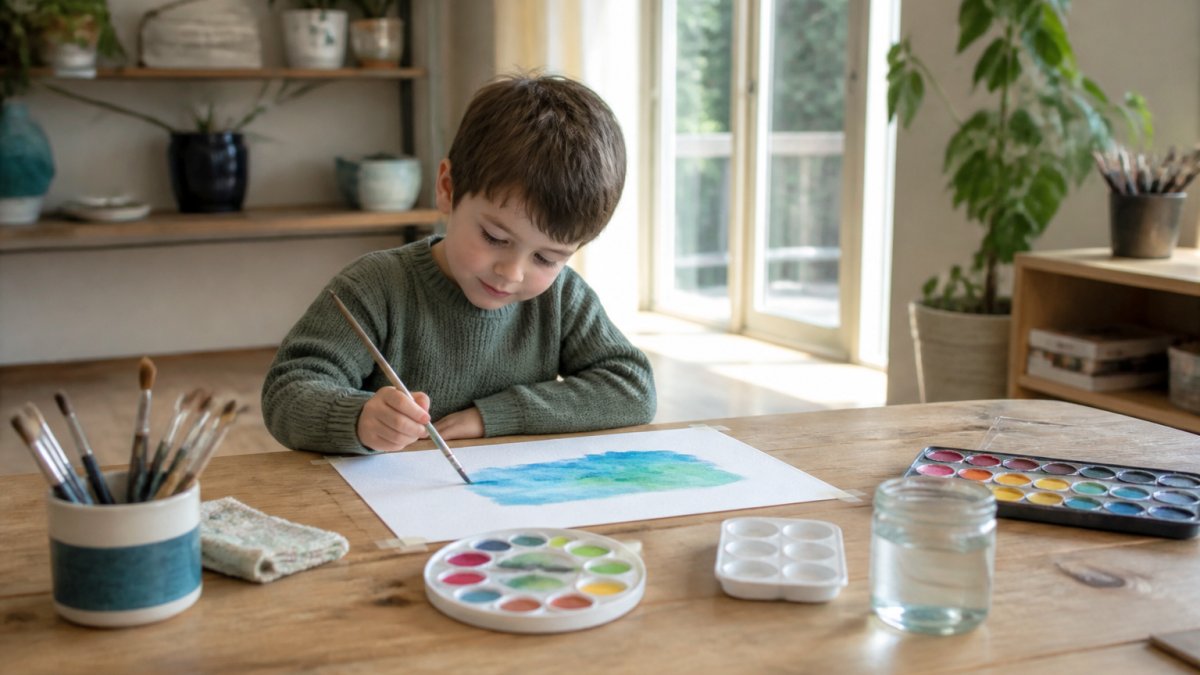 Child sitting at a wooden table in a bright, calm art therapy space, painting with watercolours on white paper, soft natural light streaming through windows, art materials and colour palettes arranged neatly on the table, relaxed posture suggesting comfort and creative focus