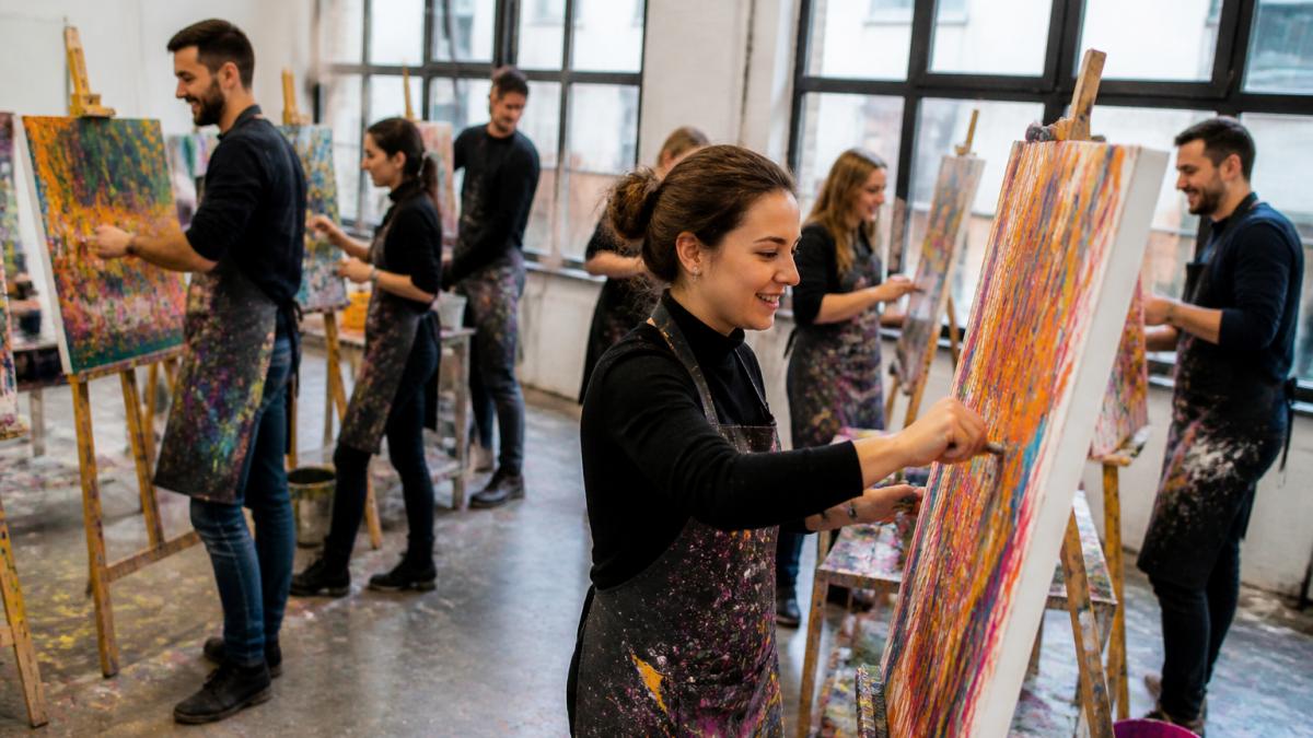 Eine Gruppe von Mitarbeitern an Staffeleien beim Action Painting, konzentriert auf ihre farbigen Kunstwerke, mit Freude und Zusammenhalt im Ausdruck, natürliche Beleuchtung in einem modernen Studio
