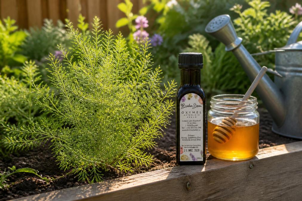Nahaufnahme einer blühenden Artemisia-annua-Pflanze mit feinen gefiederten grünen Blättern und winzigen gelben Blüten in natürlichem Sonnenlicht, Gartensetting