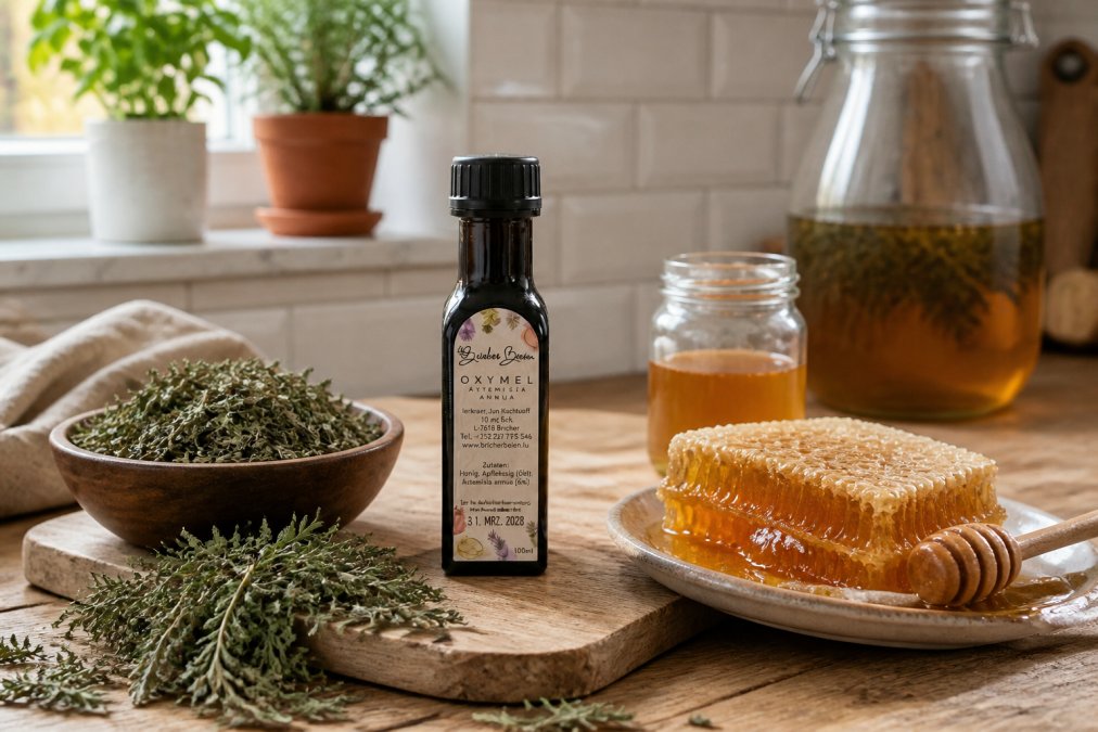 Handwerklich hergestelltes Oxymel in einer klaren Glasflasche auf rustikaler Holzoberfläche, neben getrockneten Artemisia-annua-Blättern und Wabenhonig, natürliches Licht