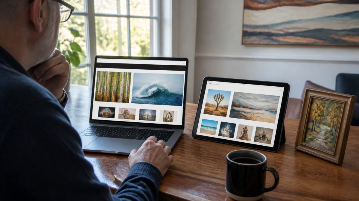 A collector sitting at a wooden table comparing two art gallery websites on a laptop and tablet, with a coffee cup and a small framed painting nearby, natural window light