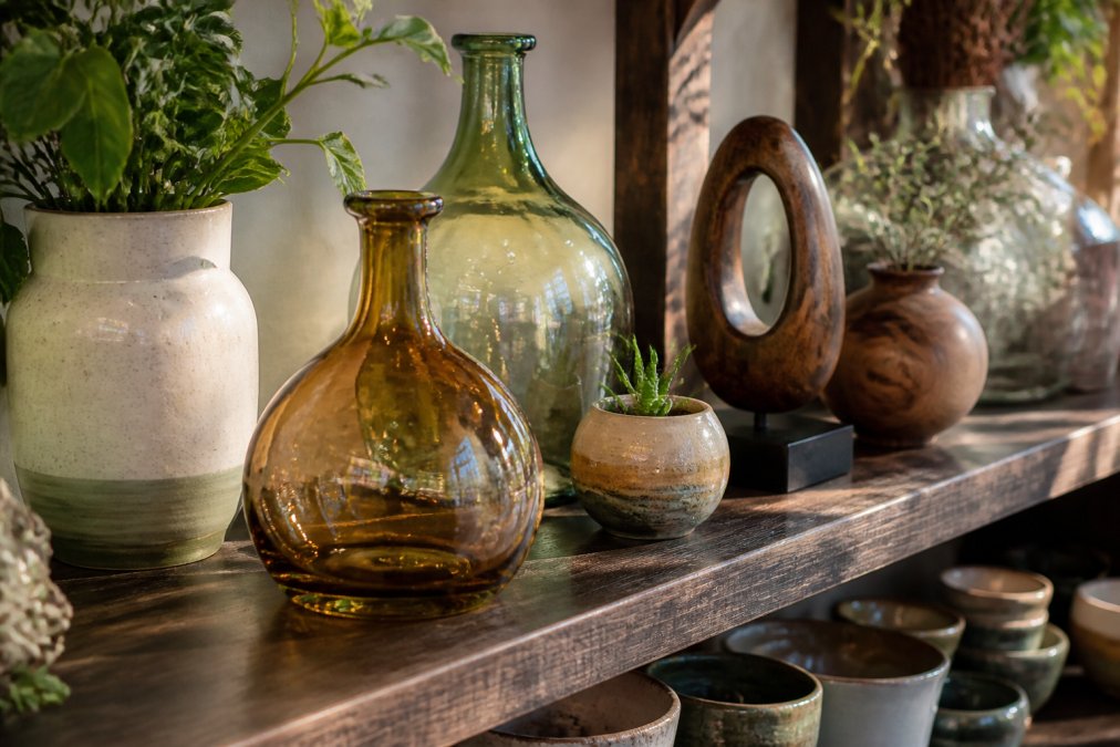 Close-up of artisan-made home decor items including hand-blown glass vases, ceramic planters, and wooden decorative pieces arranged on a shelf with natural lighting highlighting craftsmanship details and textures