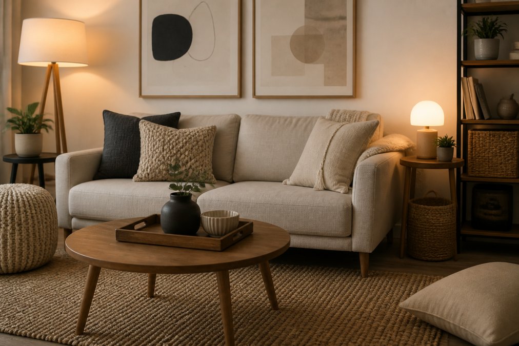 A well-styled small apartment living room with a compact neutral sofa, layered textured throw pillows, a woven area rug, abstract wall art above the sofa, and a warm table lamp glowing in the corner