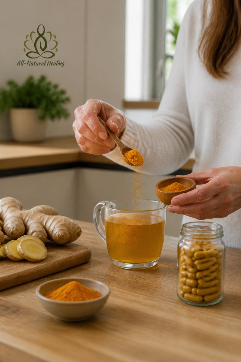 A person adding turmeric powder to a cup of warm tea in a bright kitchen, with fresh ginger and a bottle of turmeric capsules nearby