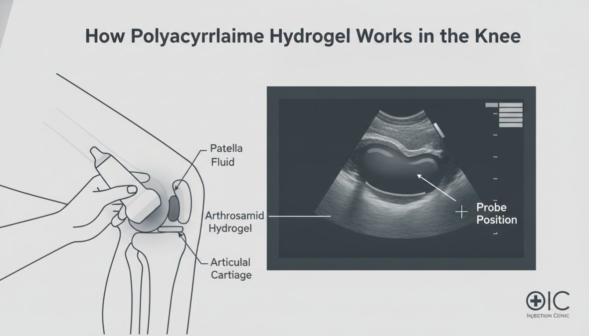 Consultant performing ultrasound-guided knee injection with high-resolution ultrasound probe positioned over the knee joint, showing needle advancement and synovial space visualization on screen
