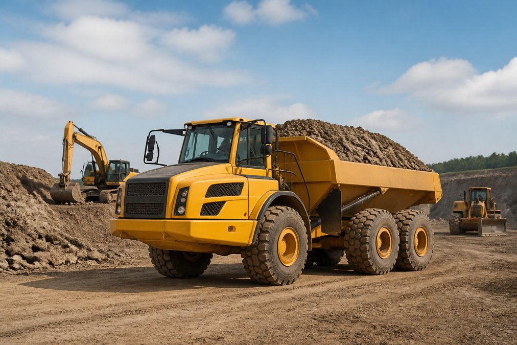 Articulated truck loaded with gravel on a construction site, highlighting options for articulated truck financing.