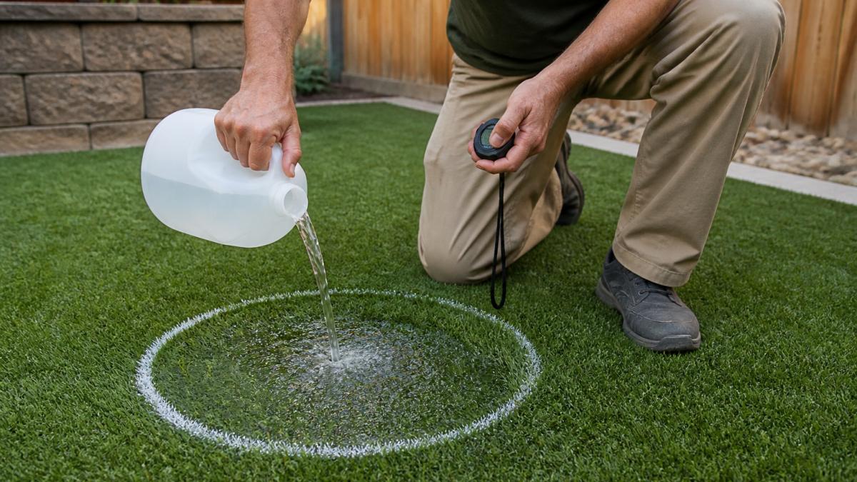 Homeowner pouring a measured gallon of water inside a chalked 12-inch circle on artificial turf, timer visible in hand, water beginning to sink through the surface
