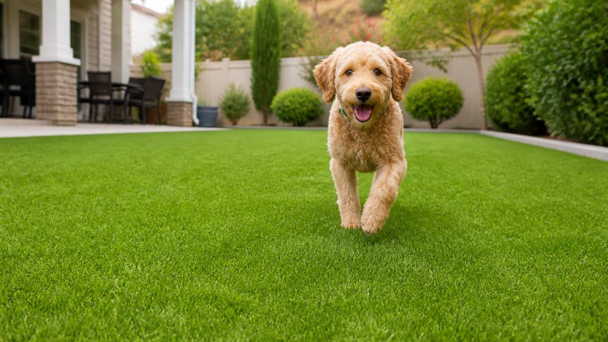 A medium-sized dog running on lush artificial grass that maintains its lifespan despite heavy pet traffic.