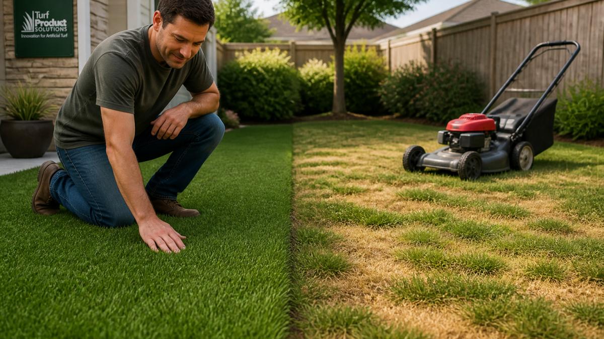 A homeowner in casual clothes kneeling on a lush artificial turf lawn, running a hand over the blades, with a natural grass lawn visible next door showing patchy yellow spots and a lawn mower parked nearby