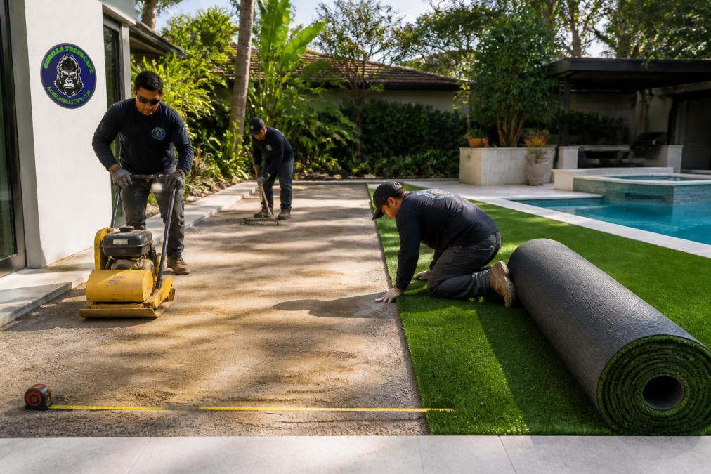 Professional landscaping crew preparing ground and laying synthetic grass in residential backyard, showing soil compaction, measuring tools, and turf rolls