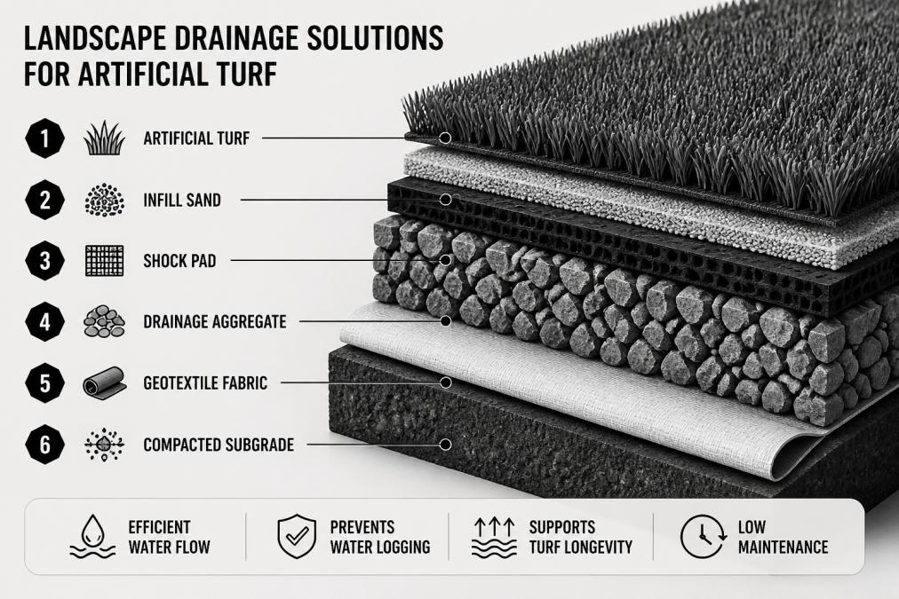 Close-up of professional laying underlay and drainage material beneath synthetic turf installation, showing multiple base preparation layers and geotextile fabric in place