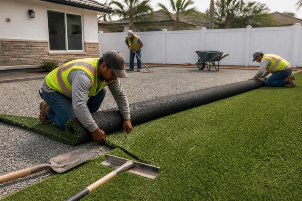 Crew in safety gear laying out synthetic grass for an artificial turf installation on a prepared gravel base