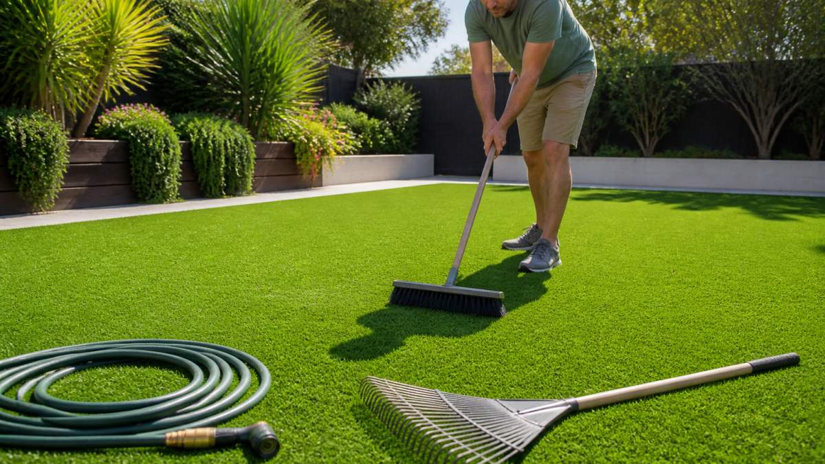 A homeowner in casual clothes using a stiff-bristled brush to sweep a lush green artificial turf lawn in a sunny backyard, with a garden hose and flexible rake nearby