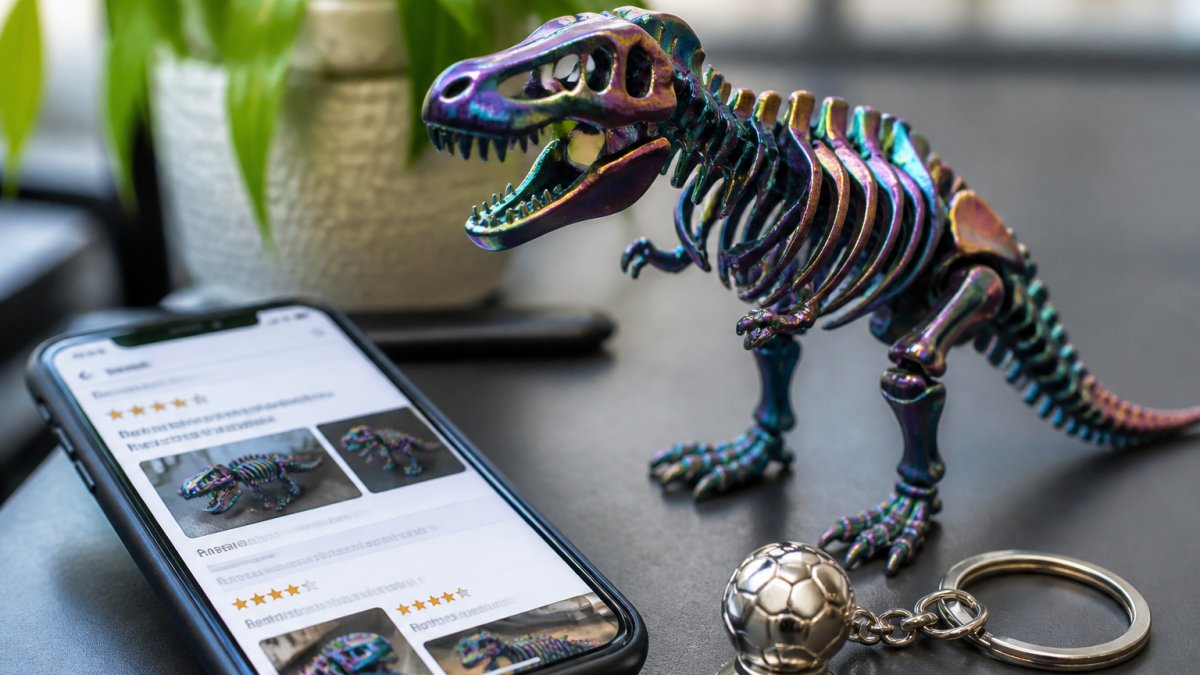Close-up photo of a metallic rainbow articulated dinosaur skeleton collectible posed on a desk beside a smartphone showing a customer review page, with a soccer trophy keychain in the foreground