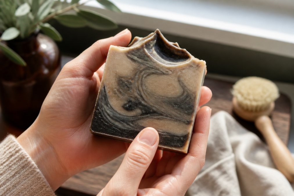 Close-up of hands holding a luxurious handcrafted soap bar, showing intricate texture detail and rich color with warm natural lighting from a window
