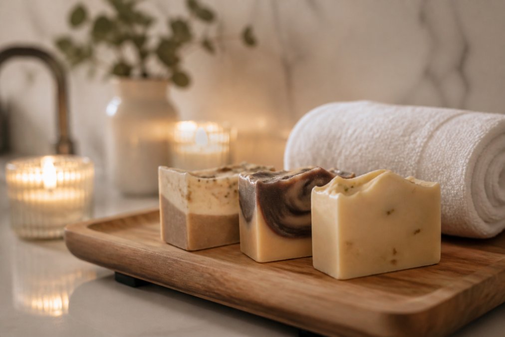 Spa-like bathroom setting with artisan soap bars arranged on a wooden tray beside a fluffy white towel and soft warm lighting from candles