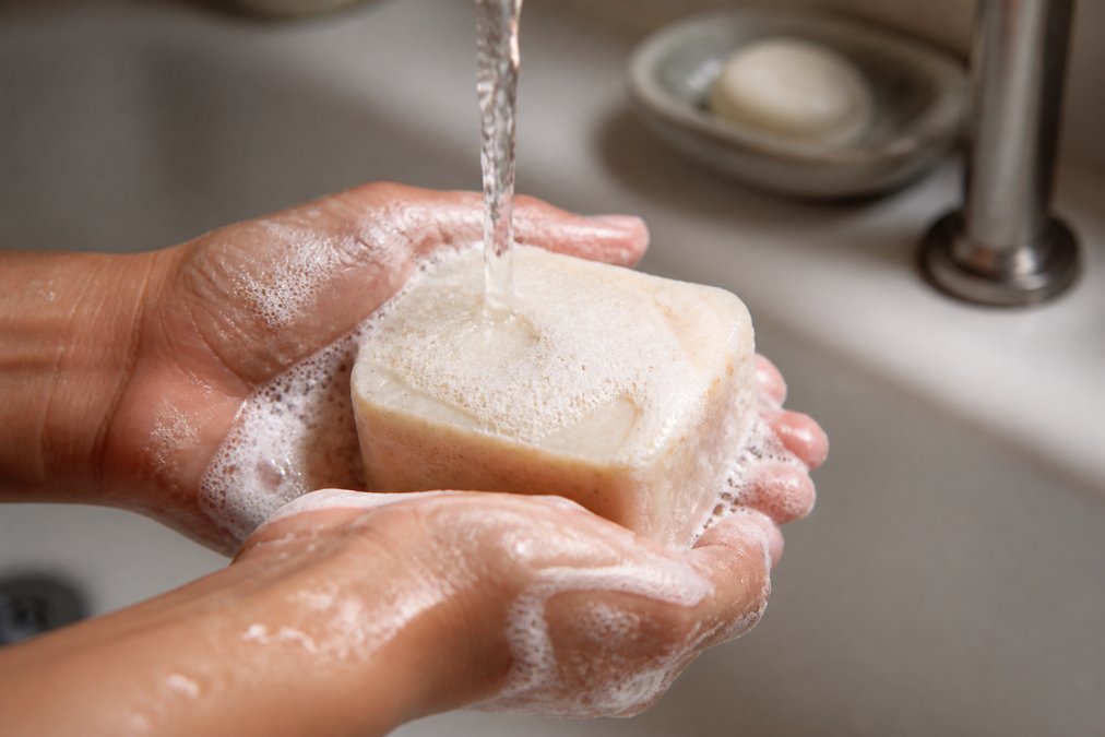 Close-up of hands holding a richly lathered handmade soap bar under a gentle stream of water, creamy foam visible against warm bathroom lighting