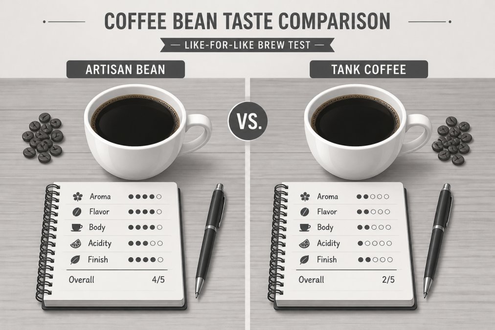 Two identical white coffee cups side by side on a wooden table, each filled with black coffee, with a notebook and pen nearby showing handwritten tasting notes