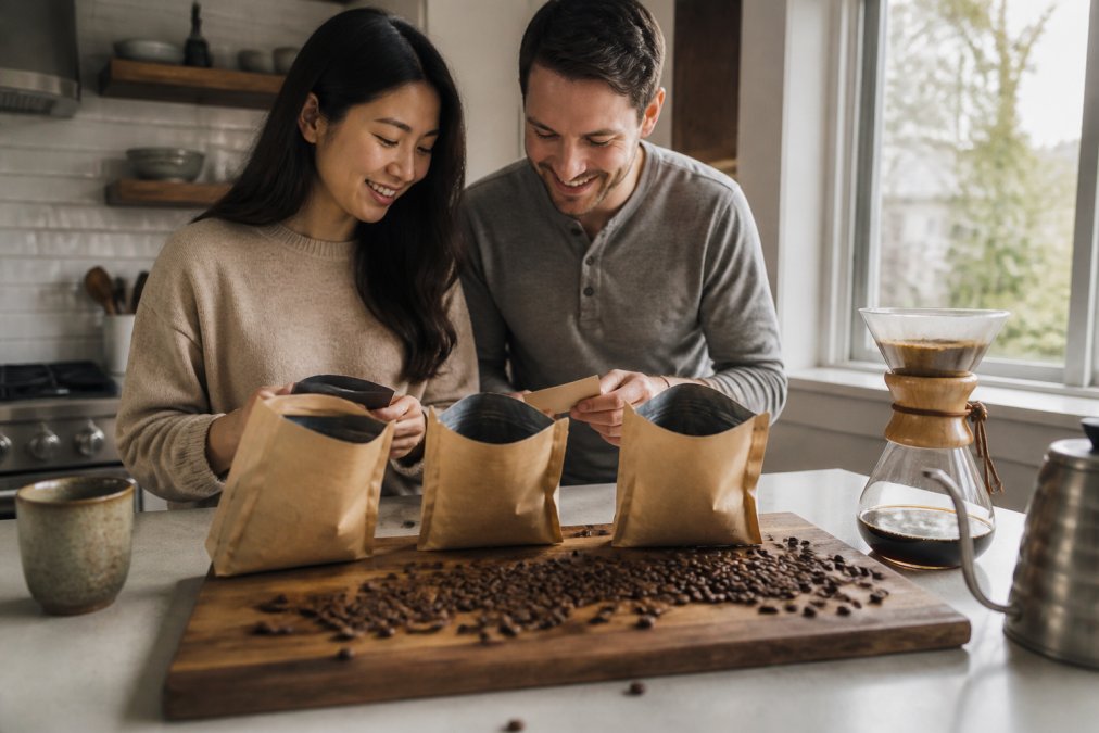 A kitchen counter with three open coffee sample packs, whole beans spilling onto a wooden board, a ceramic mug, and a pour-over setup in soft morning light