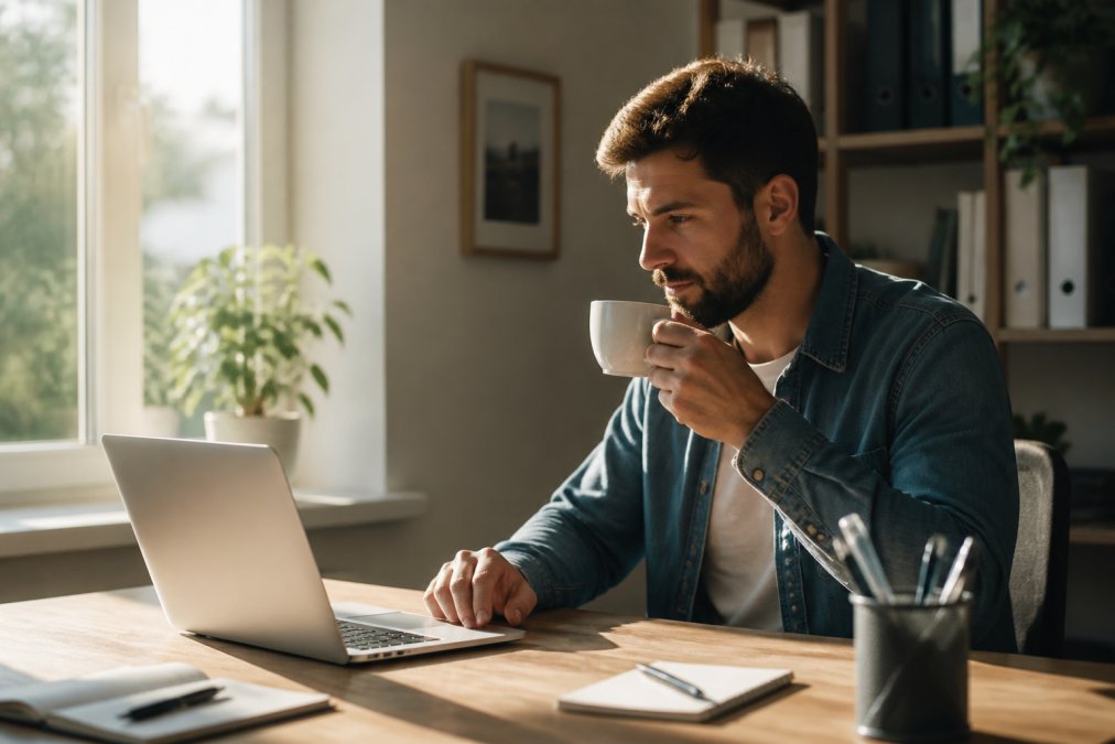 Remote worker at home desk with freshly brewed coffee in hand, focused on laptop work, morning sunlight streaming through window