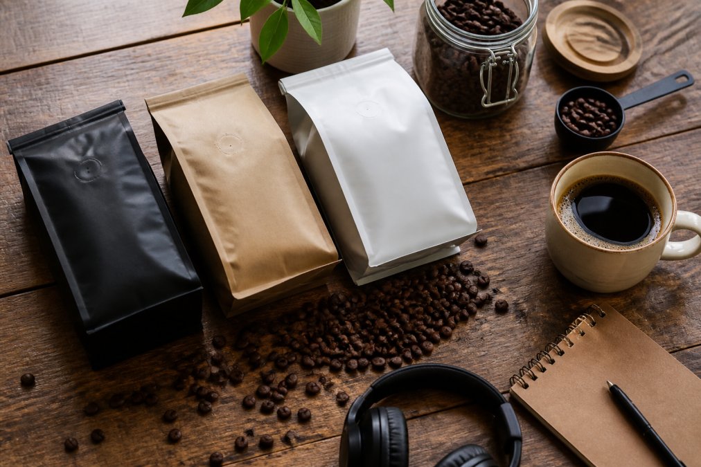 Flat lay of artisan coffee bags and beans on wooden surface with coffee cup, notebook, and workspace items