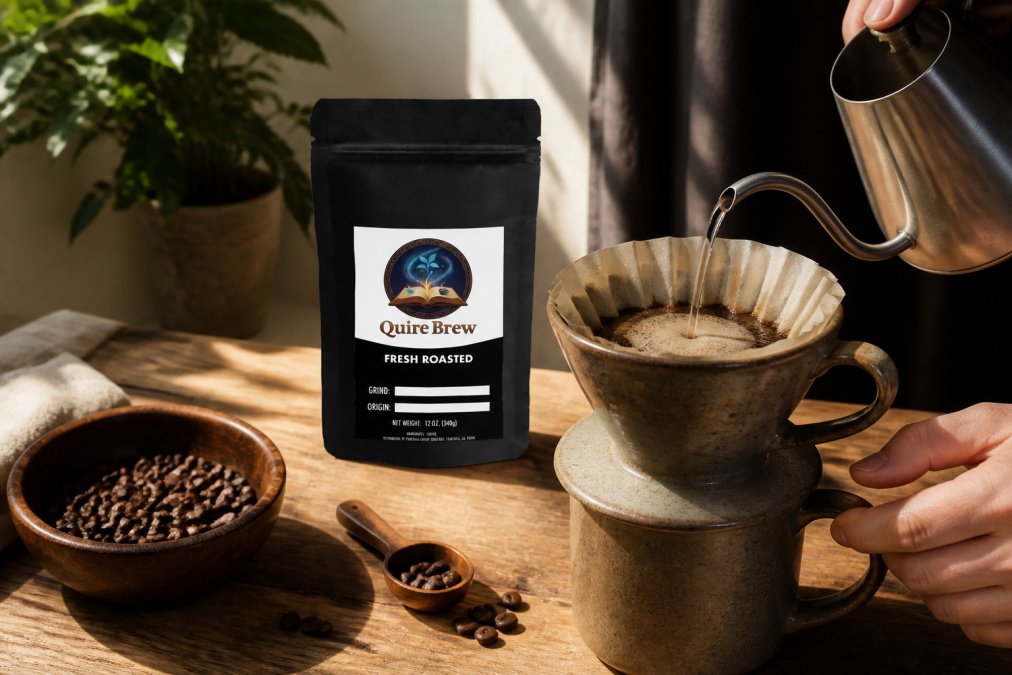Hands pouring hot water over coffee grounds in a ceramic pour-over dripper, with whole artisan coffee beans and a digital timer visible on a wooden counter in natural morning light