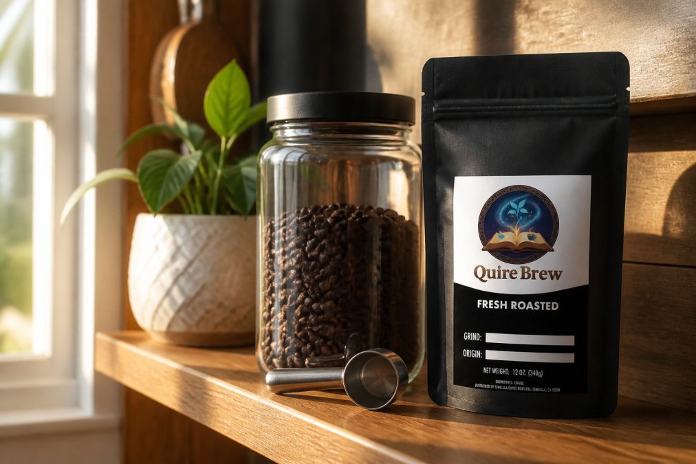 Artisan coffee beans in a dark airtight glass container on a kitchen shelf, with morning sunlight streaming through a nearby window and a small measuring scoop beside the container